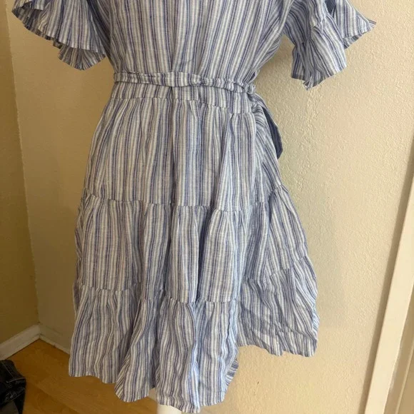MILLE Resort Violetts Blue Striped Linen Dress Size Small Ruffle - Picture 4 of 9